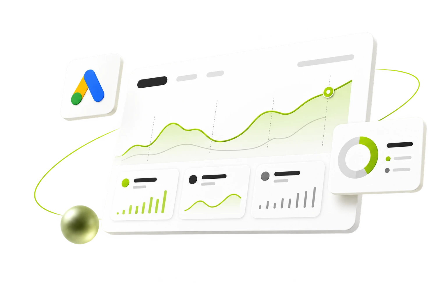 Illustratie van een Google Ads-dashboard met grafieken voor campagnemeting en optimalisatie